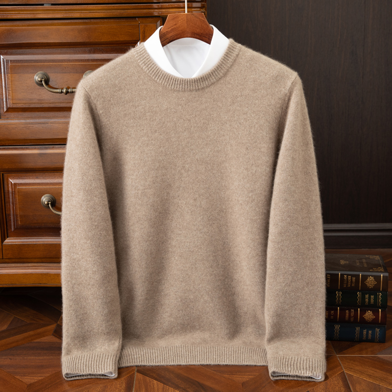 加厚圆领100%山羊绒衫男士秋冬低领套头羊绒针织I打底毛衣