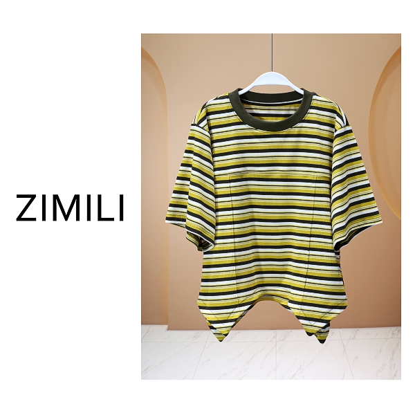 【亮哥女装】2025欧版《芳岁》复古风花色条纹高克重气质短袖8067-C7