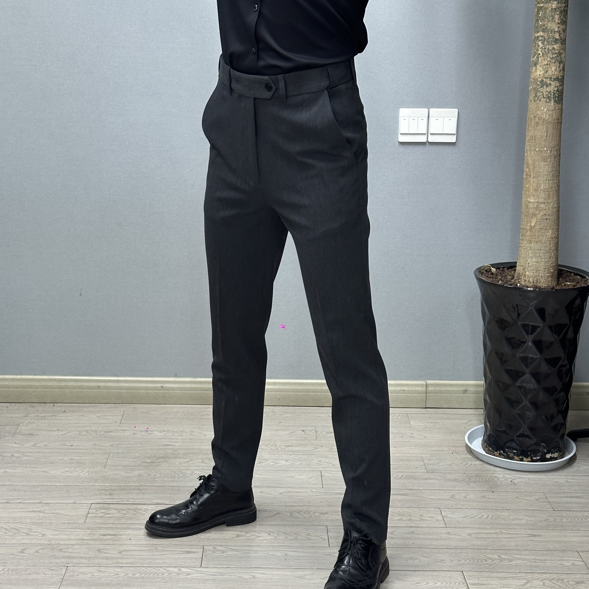 K6601男士韩版时尚隐藏松紧裤腰纯色直筒修身弹力休闲西裤