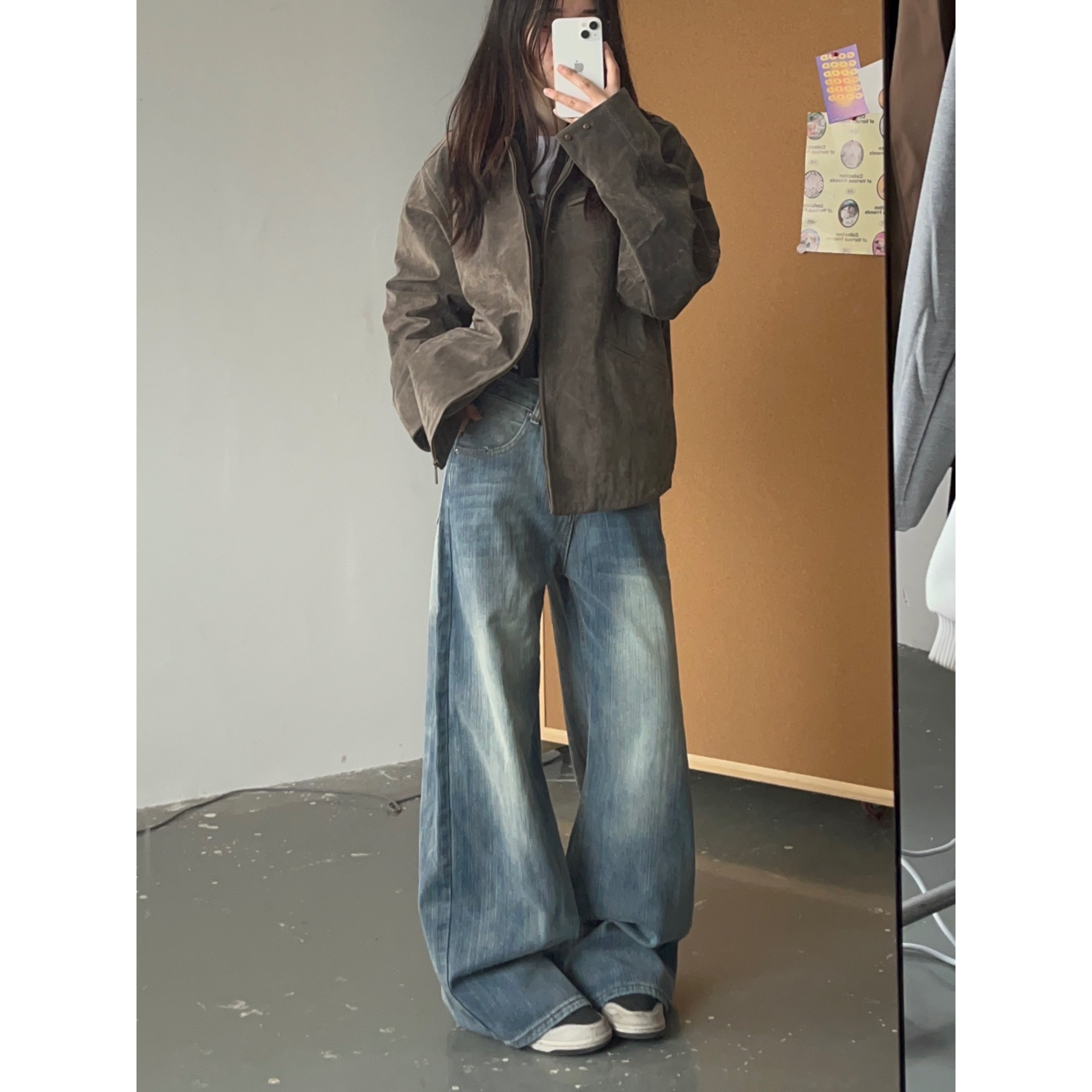 秋冬季新款美式复古水洗蓝色牛仔裤男女款做旧纹理宽松直筒长裤潮
