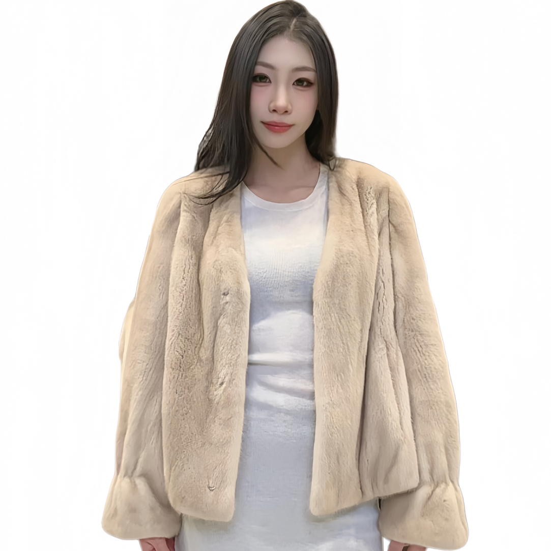 胡桃I新版新款米黄原皮原色V领花苞袖水貂皮草外套