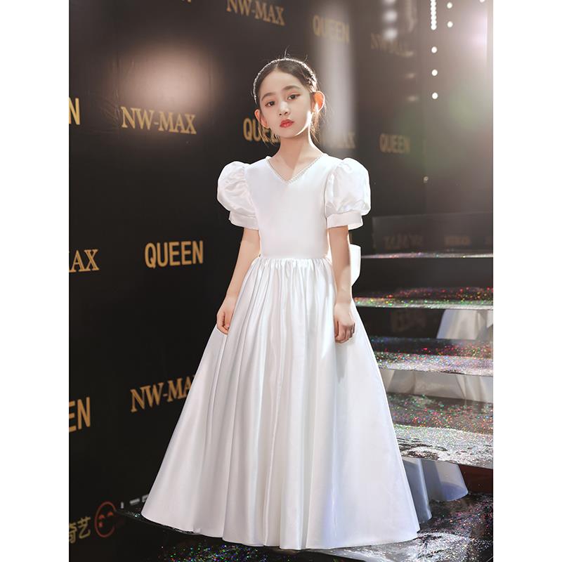 FAVMARTHA白色主持人礼服女童生日公主裙儿童小提琴高端钢琴演奏