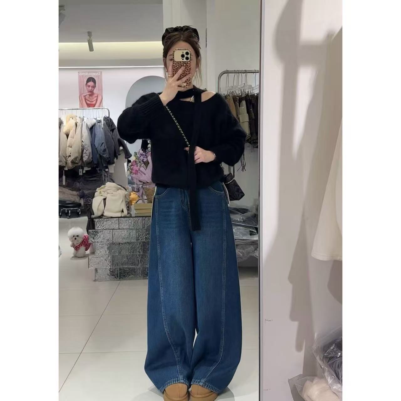 【小个家】“分割裤”加绒线条设计水洗深浅牛仔裤