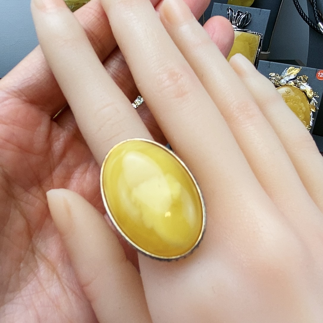 琥珀裸石银S925镶嵌娟*姐戒指