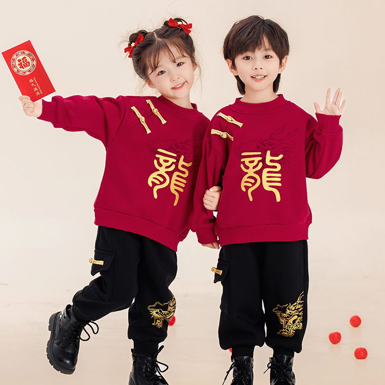 儿童加绒红色中国风新年冬季拜年服套装喜庆
