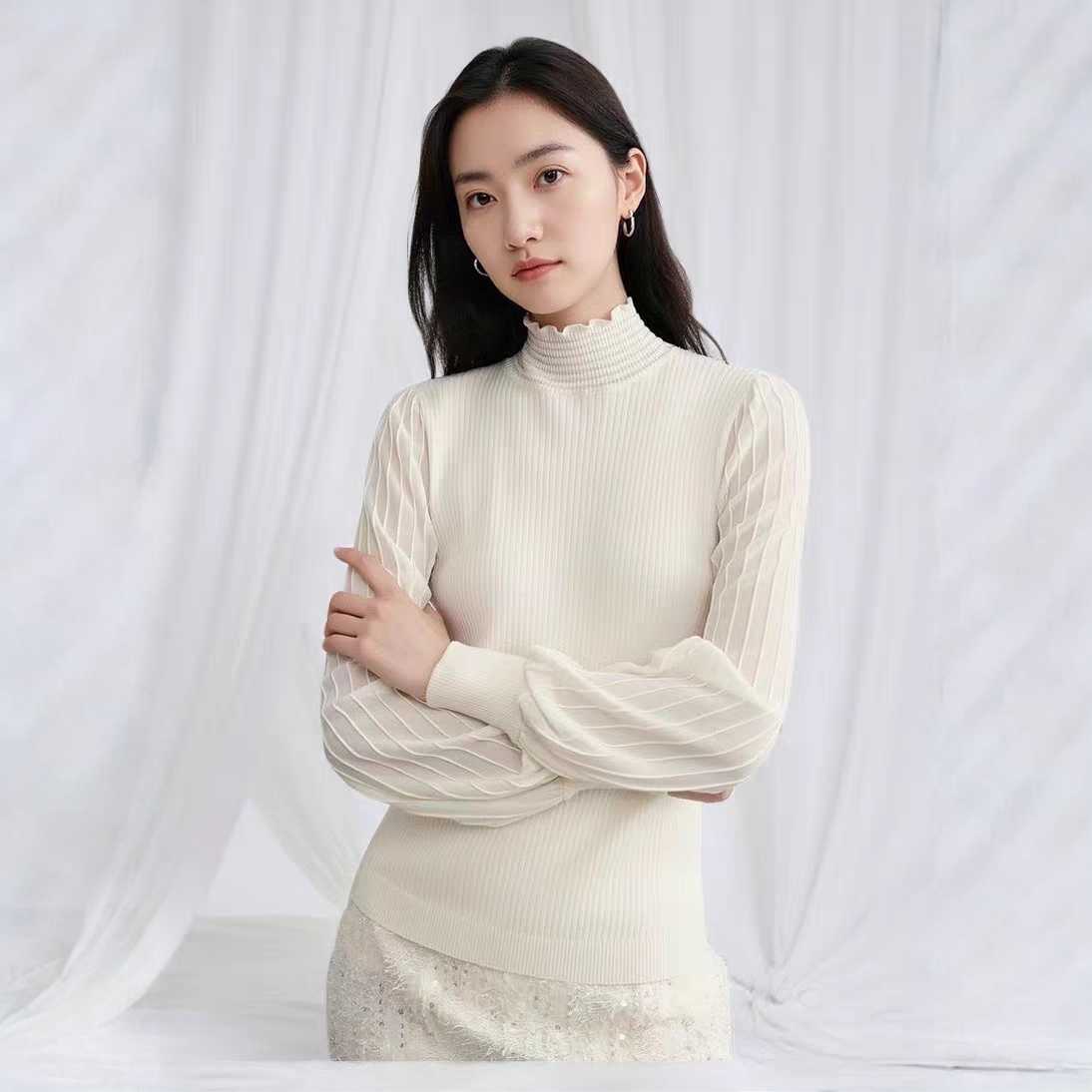 GXO雅+2025早秋新款高领木耳边修身毛衣针织衫SY0200打底衫上衣