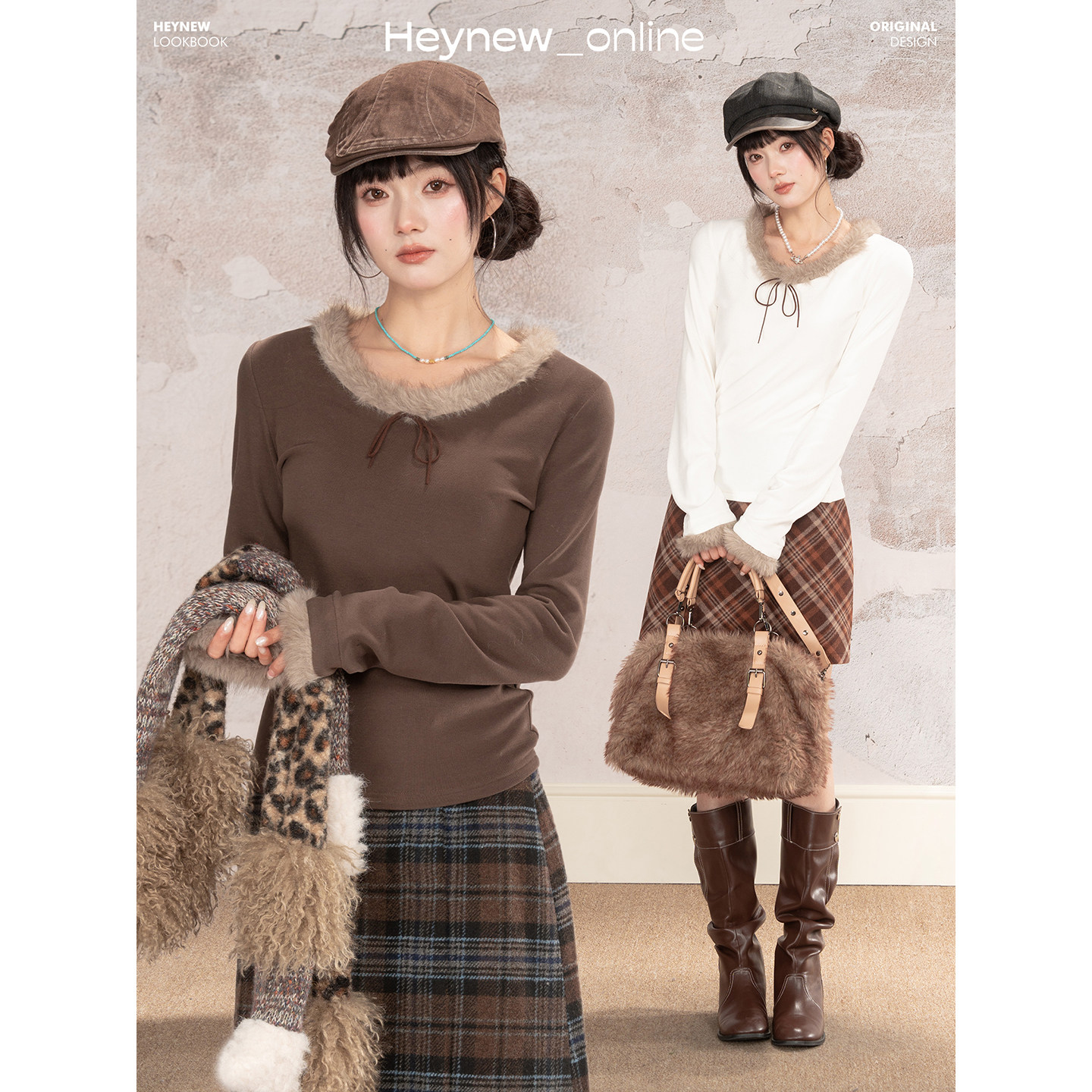 【HEYNEW黑妞】纯欲甜妹咖色毛领正肩打底女冬系带蝴蝶结上衣5D490