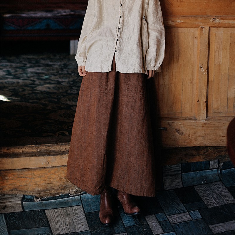 892朵/手工缝线拼接A字宽松遮肉显瘦百搭棕色文艺亚麻半身裙