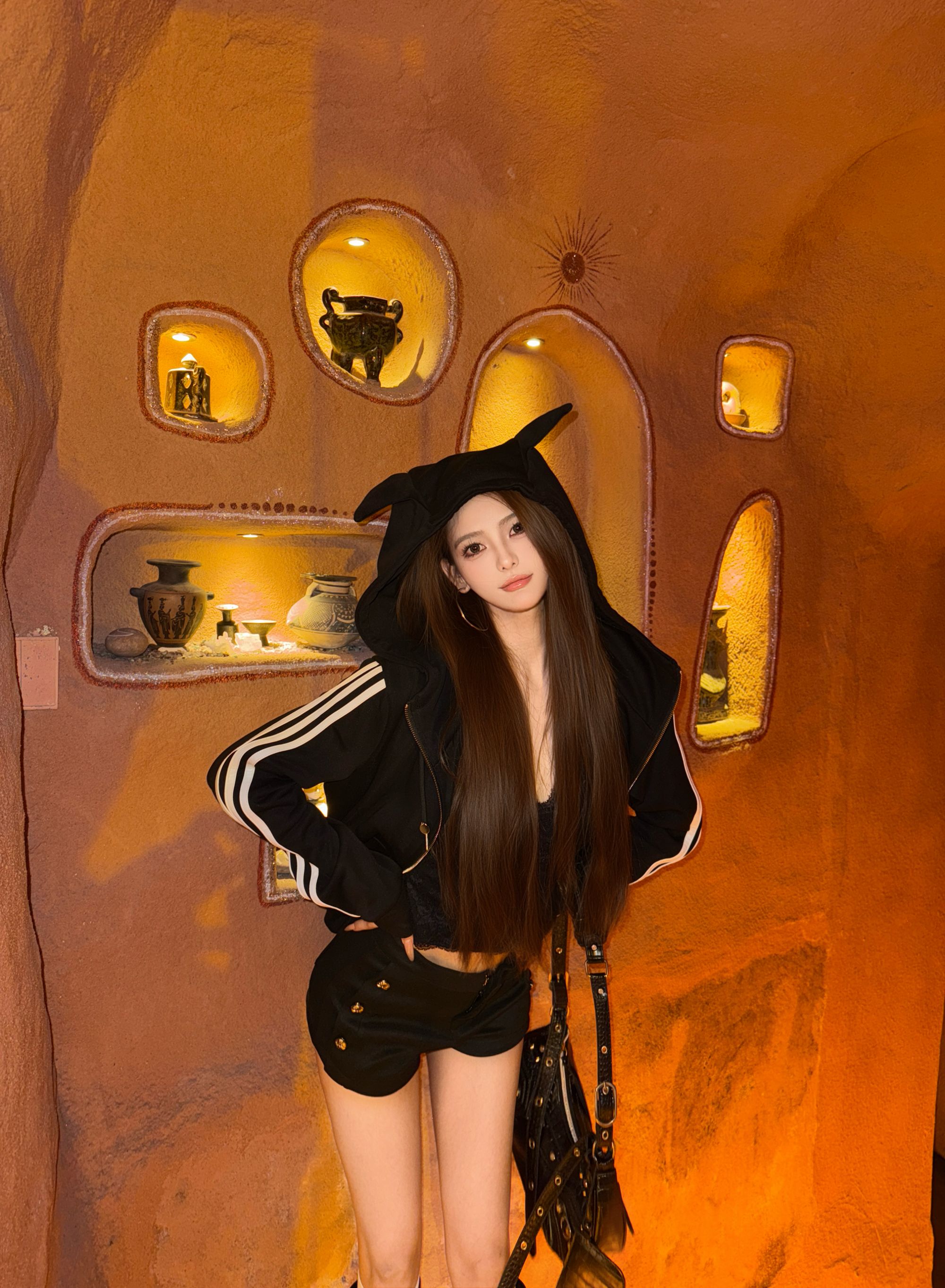 【HuA】小恶魔加绒立领修身连帽卫衣女秋季美式开衫短款上衣外套