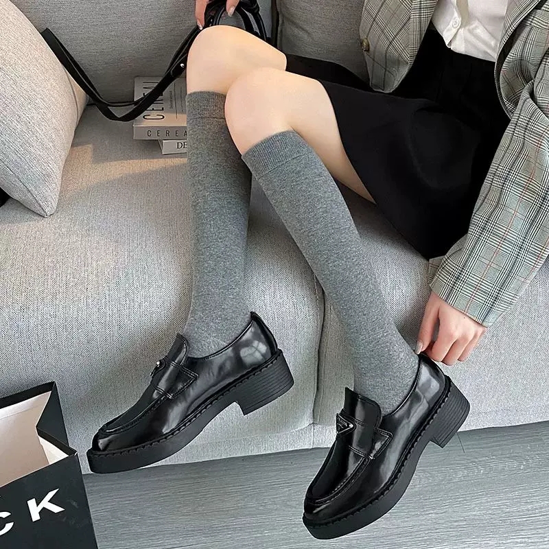 小腿袜女运动韩国学院风JK高长筒棉压力显瘦黑色灰色中筒高筒袜