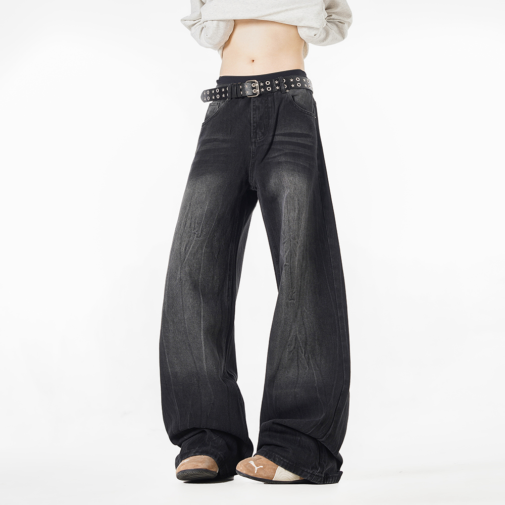 秋冬时尚休闲复古牛仔裤显瘦宽松垂感闪电纹理工艺水洗高级休闲裤