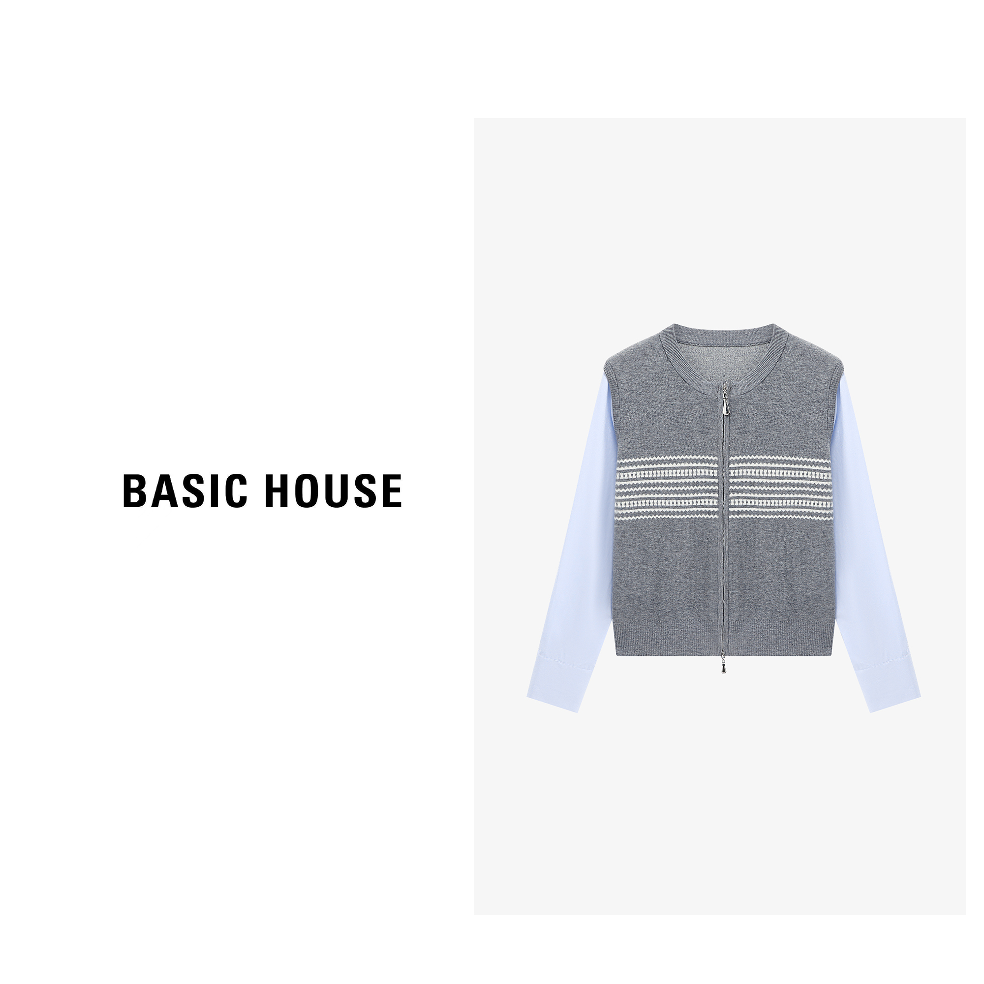 Basic House/百家好秋冬休闲时尚百搭拼接开衫毛衣-B06245C3852