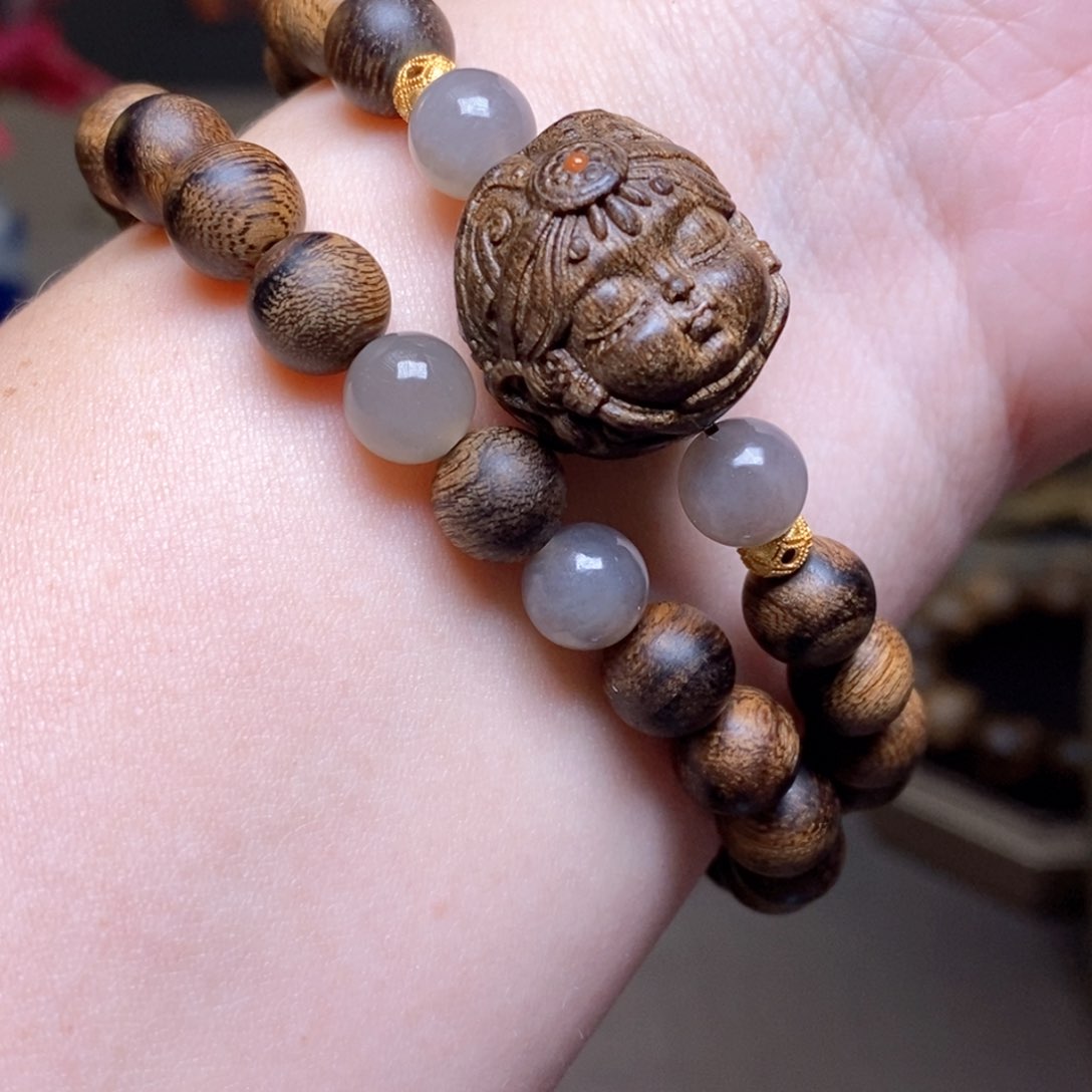 沉香手串越南芽庄黄棋楠瘤疤08➕扎基沉香木雕