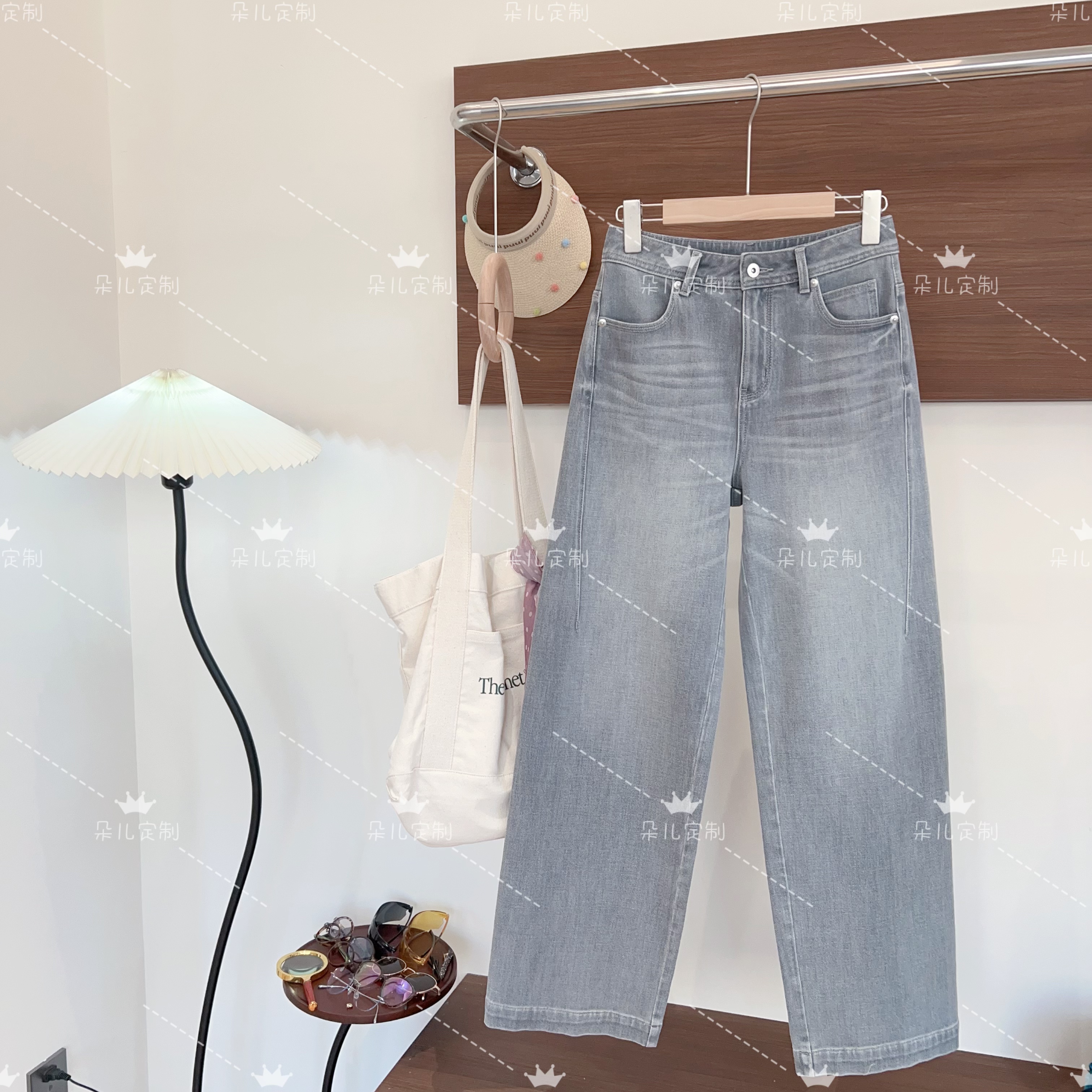 朵儿定制【无感裤】一体式无侧缝四面弹高腰显瘦直筒牛仔裤IO32