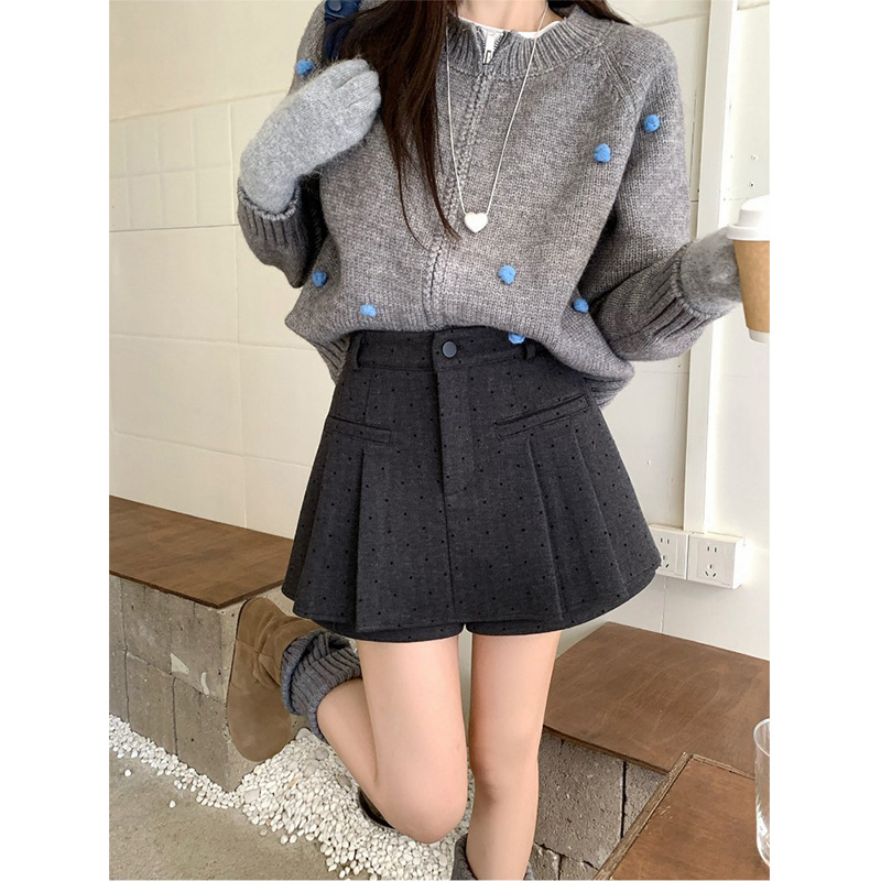 灰色miu系波点羊毛呢半身裙女秋冬新款胖m高腰显瘦防走光百褶短裙