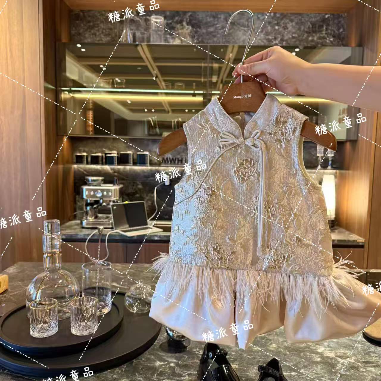【金枝玉叶】6502重工系列香槟烫金提花刺绣花苞羽毛旗袍款连衣裙