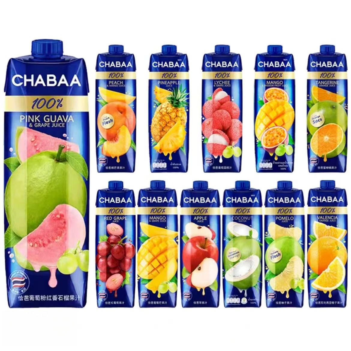 CHABAA泰国进口恰芭100%纯果汁1L/瓶荔枝番石榴葡萄橙汁饮料