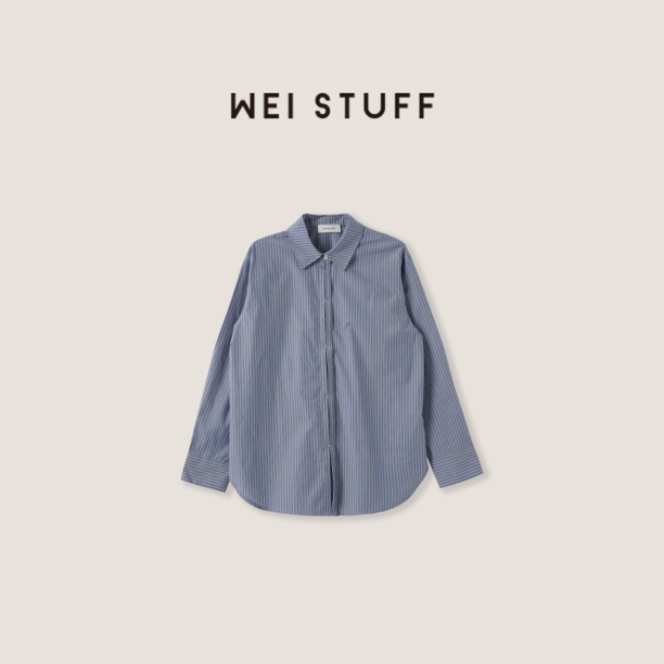 WEI STUFF 蓝色纯棉松弛有感时尚慵懒简约百搭条纹衬衫 8081 S