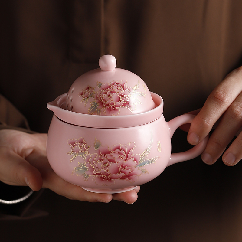 粉牡丹茶咖杯旅行茶具套装定窑茶壶茶杯便携式功夫一壶一杯泡茶器