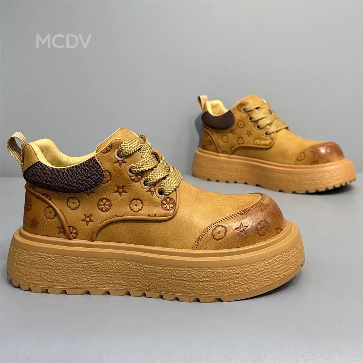 低帮圆头休闲风马丁靴男厚底靴子秋冬男鞋休闲鞋潮鞋软底工装靴子