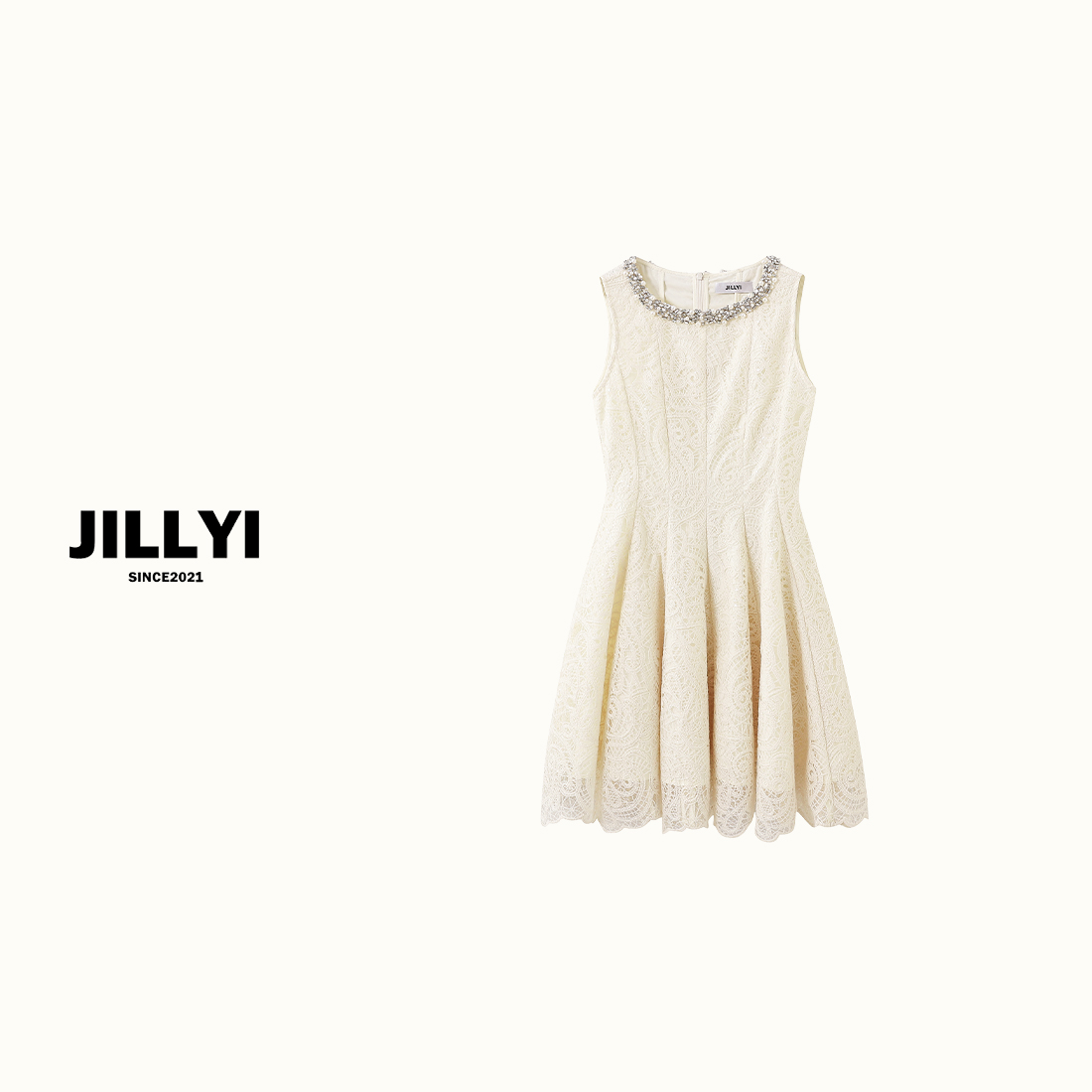 JILLYI珠海店【名媛少女】杏色圆领蕾丝收腰显瘦时尚气质夏季无袖连