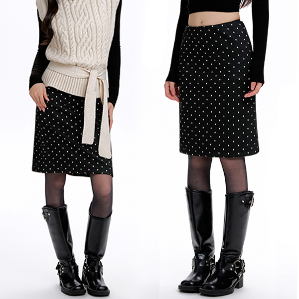 复古黑色波点半身裙女冬季新款时尚设计感高腰显瘦包臀中长裙