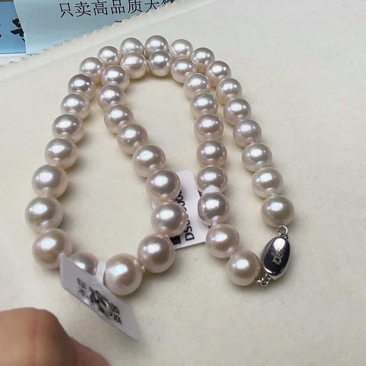 银S925镶嵌淡水珍珠颈饰卡10到11高品极光蔓塔玫瑰色毕业级
