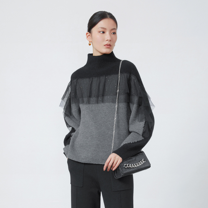 MAOKAI女装罗纹高领网纱拼接撞色针织衫M224Z3574