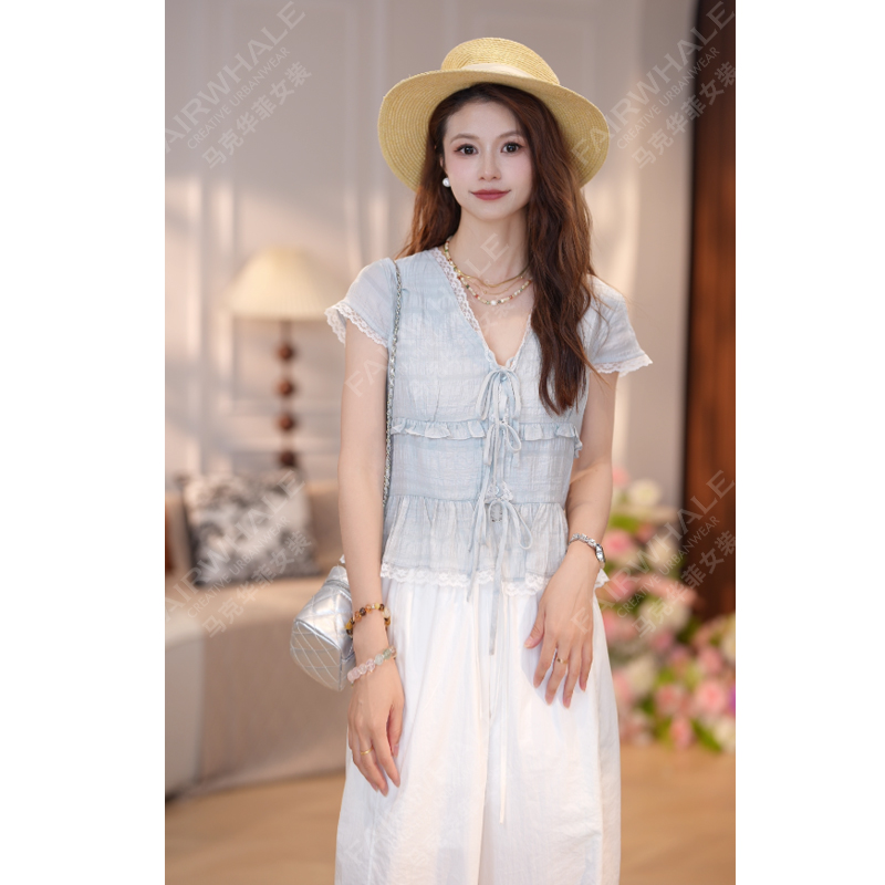 马克华菲女装夏季2025甜美小飞袖系带V领短袖修身显瘦衬衫上衣女