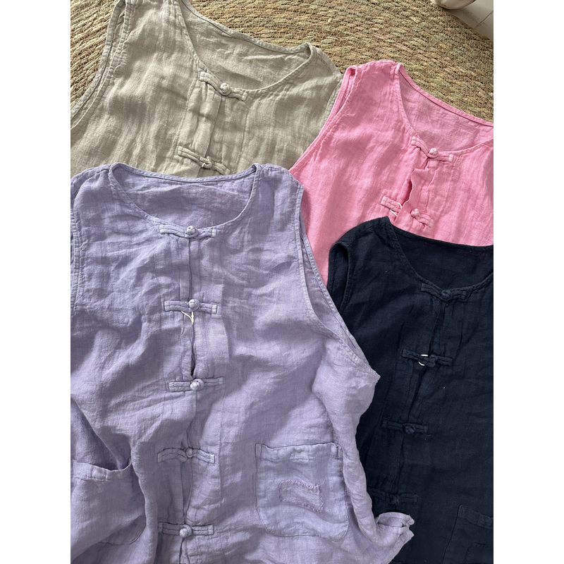 55177亚麻盘扣马甲复古文艺百搭衣长67胸围132上衣2025新款宽松