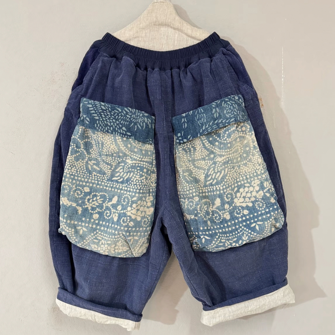 二囍古朴2512191纯色青花瓷大口袋老爹裤