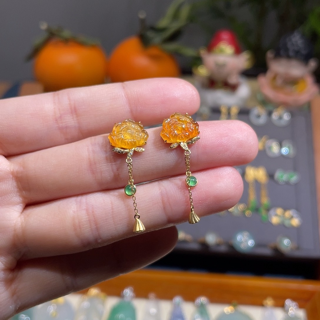 翡翠耳饰18K金镶嵌冰黄莲花流苏