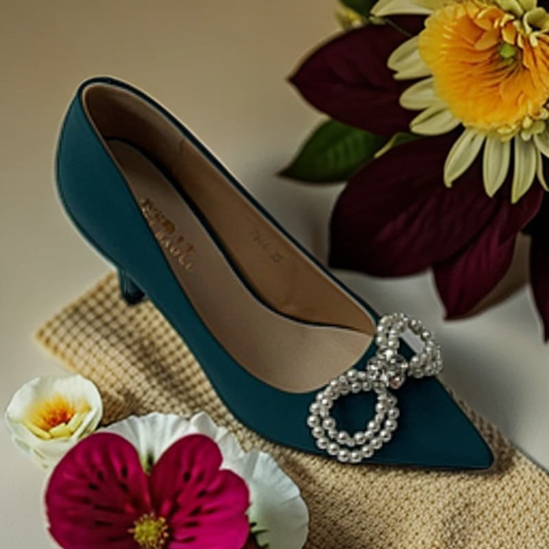 E5中跟蝴蝶结浅口胶粘珍珠细跟尖头百搭细高跟鞋法式7666