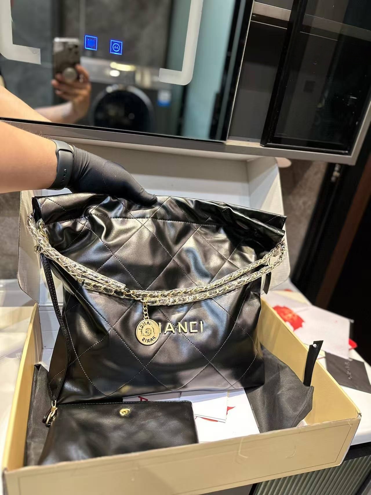 垃圾袋【22bag】珍珠链迷你 单肩包百搭真皮腋下单肩链条托特包