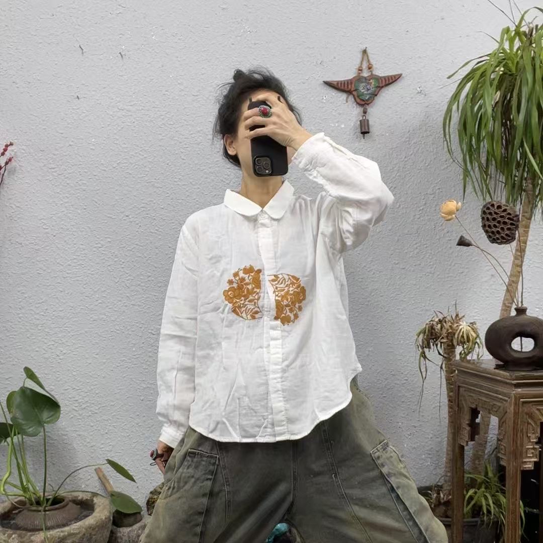 931077双层纱前绣圆花衬衫上衣（前63后65胸围122