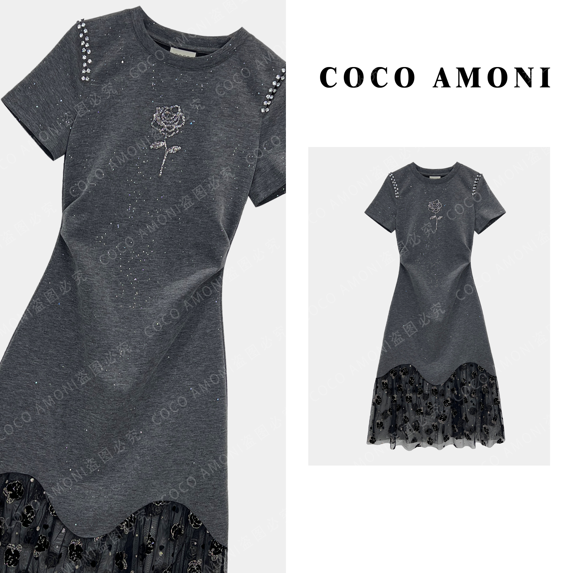 法式小香风拼接重工烫钻立体花朵捏褶收腰显瘦气质连衣裙AC419