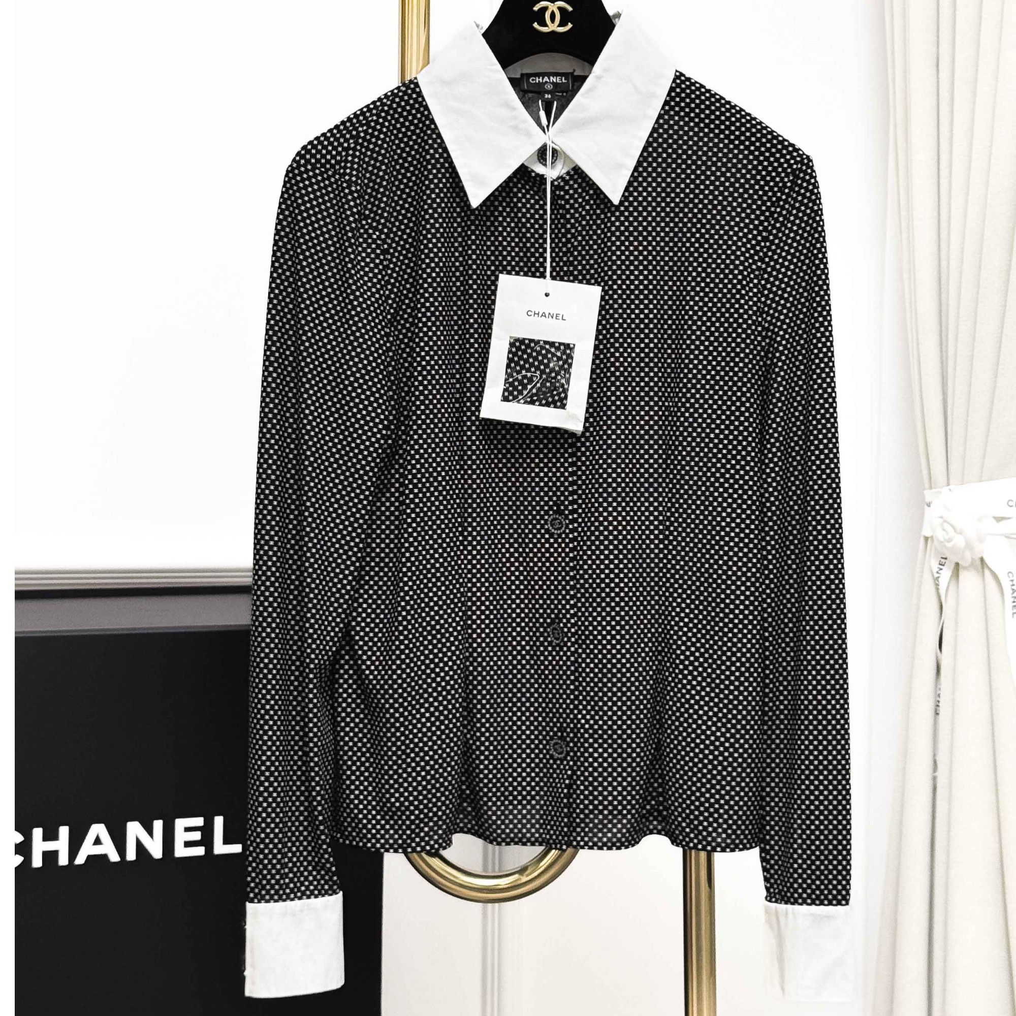 99新 Chanel/香奈儿 36码24B黑白双C满印长袖衬衫