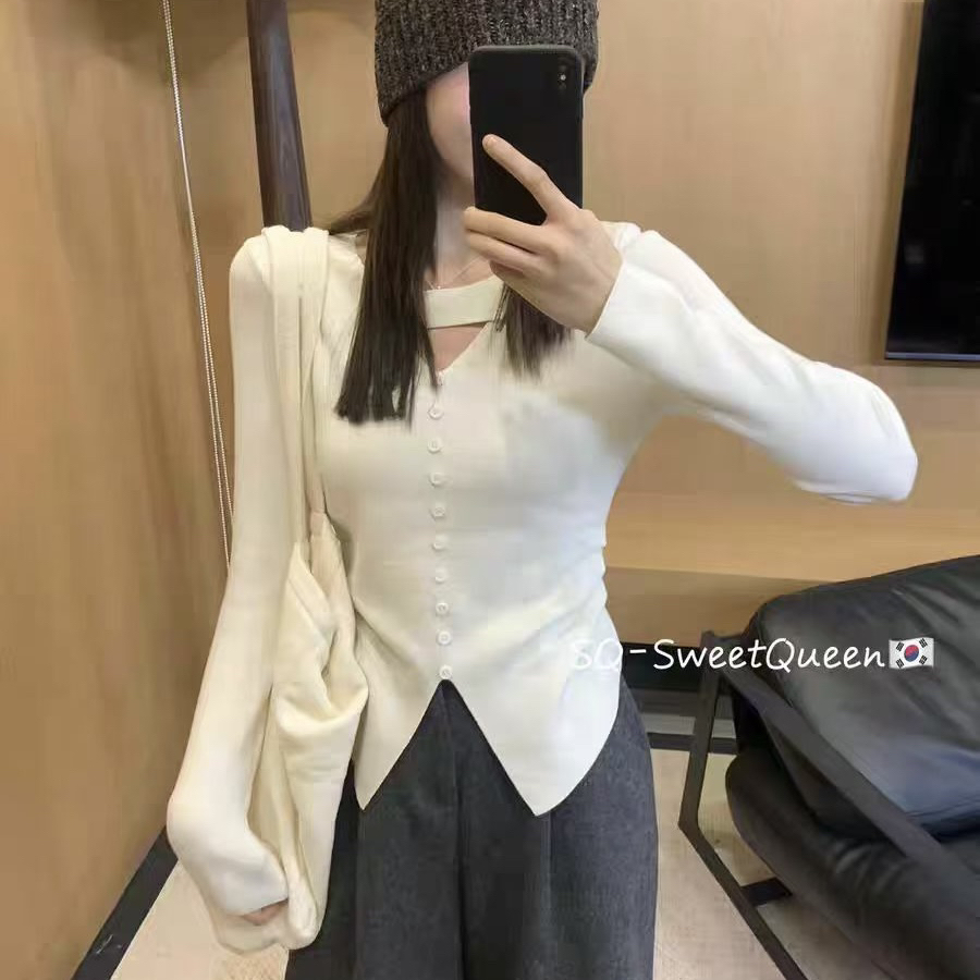 V领设计感褶皱收腰显瘦长袖女秋冬轻熟风气质百搭打底上衣