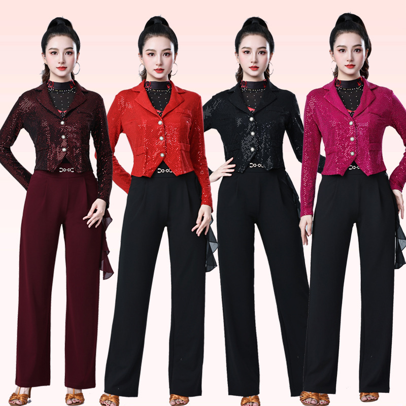 新款亮片短款长袖外套服装洋气女秋冬广场舞交谊舞演出上衣舞蹈服