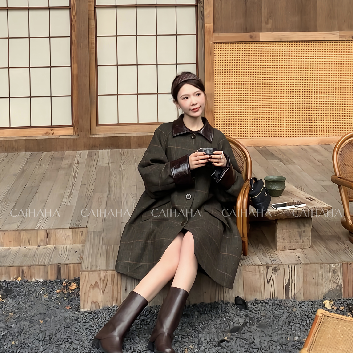 【牧野之歌】羊毛冬季翻领宽松格子90白鹅绒毛呢外套MS55053053