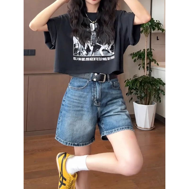 复古水洗蓝色牛仔短裤女夏季新款高腰显瘦宽松直筒a字阔腿五分裤