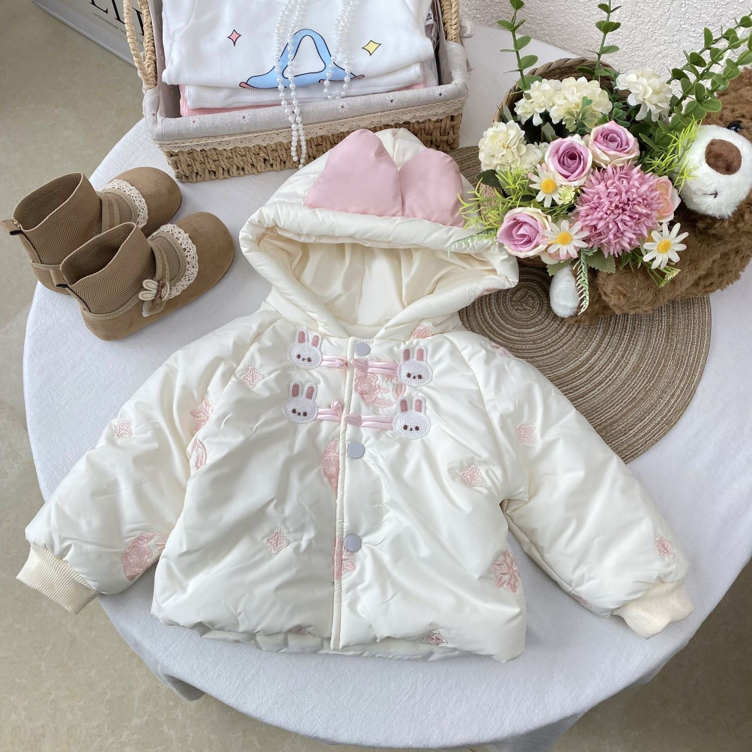 玉兔盘扣连帽女厚款棉服加绒女宝棉袄