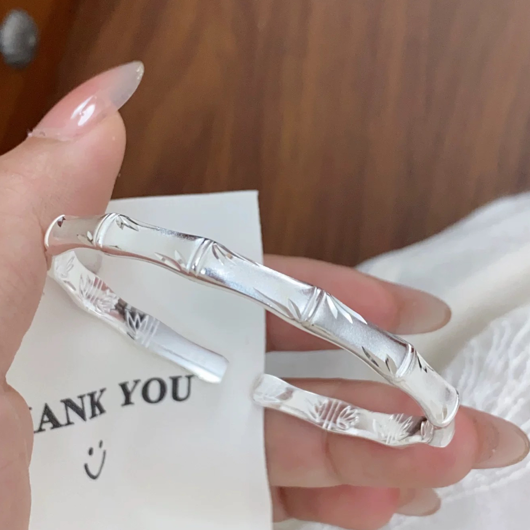 足银手镯  竹节银手镯女9999纯银镯子年轻款足银开口实心手镯