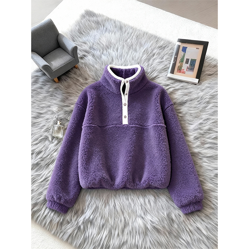 多巴胺紫色摇粒绒套头卫衣女2025秋冬新款独特别致小众不撞款上衣