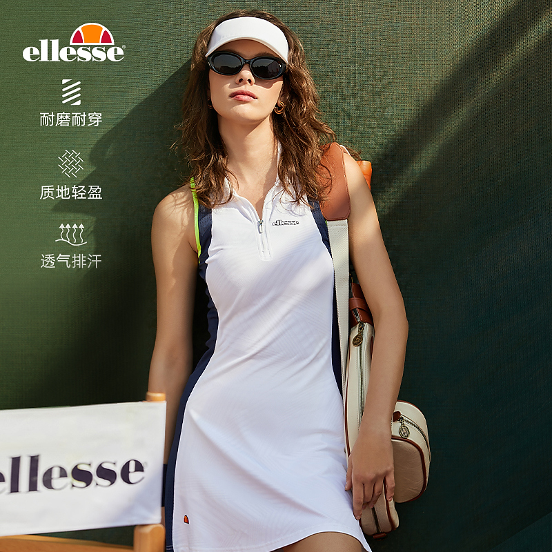 Ellesse【新款】POLO领无袖弹力连衣裙秋冬透气网眼微弹运动网球裙