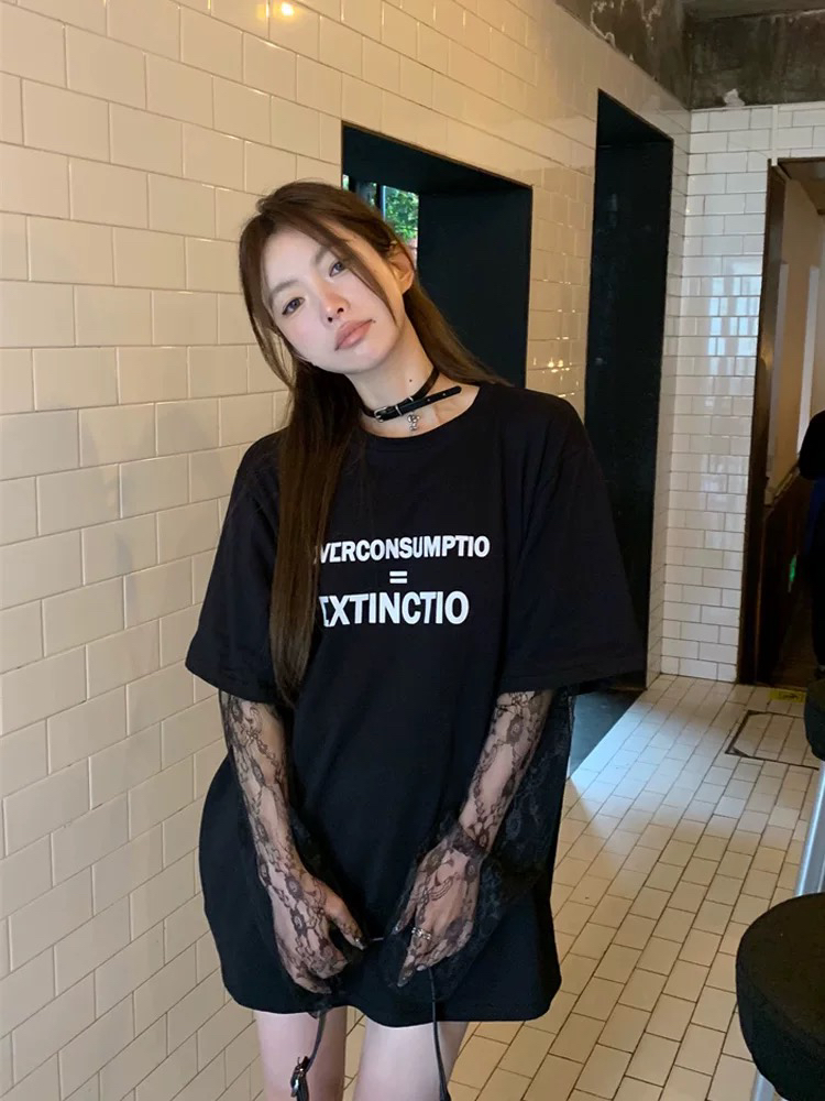 假两件长袖蕾丝拼接袖T恤女小众设计感超好看洋气独特上衣夏