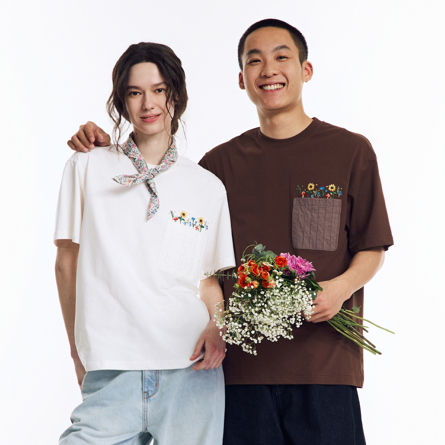 NORYBRAND 口袋刺绣小花logo短袖印花T恤百搭男士休闲夏天