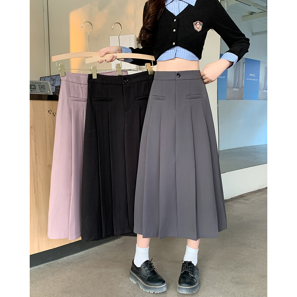 【涵胖胖】清春季学院风西装百褶裙高腰垂感开叉半身裙63957