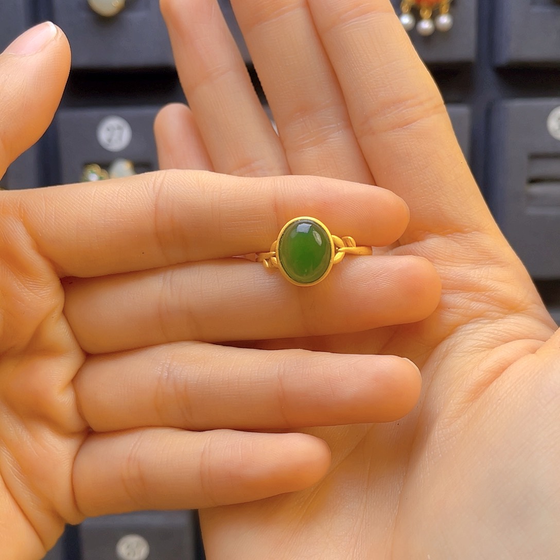 和田玉戒指银S925镀金镶嵌