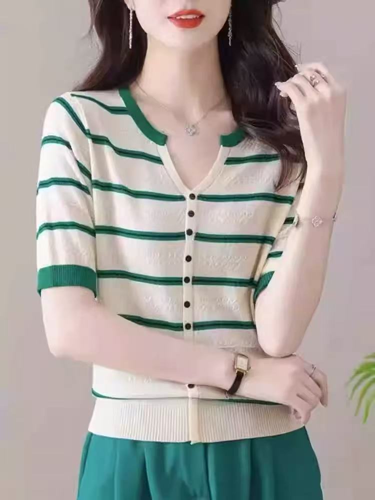 清 开口剪刀领开衫绿条纹薄款短袖